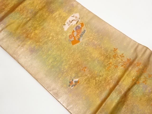 Nagoya obi with woven fan, flowers, and branch and leaf patterns